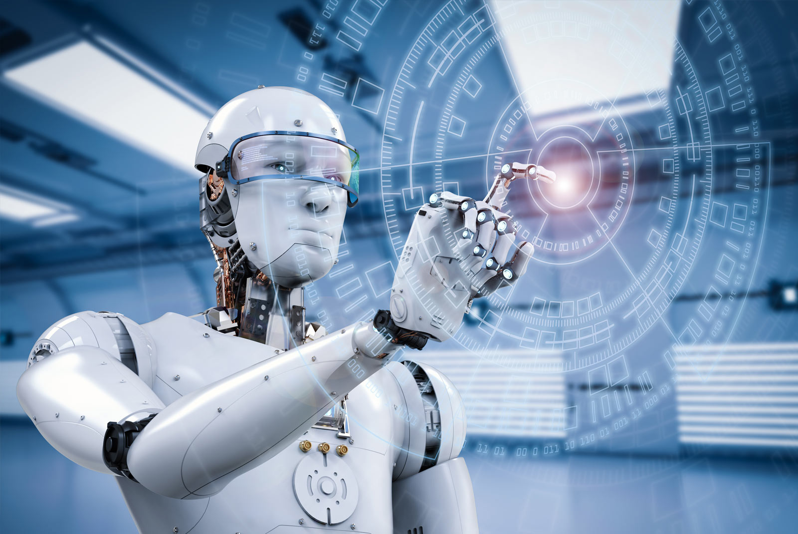 Robot humanoide tocando una interfaz holográfica con el dedo índice
