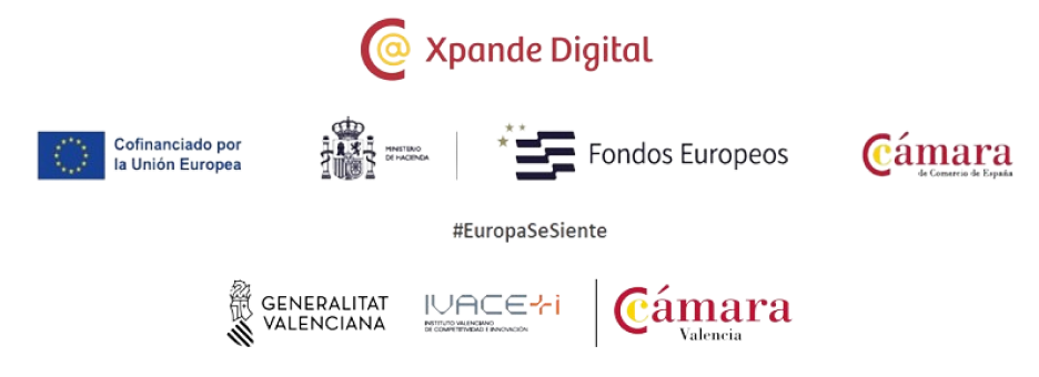 Logotipos de: Xpande Digital, Ministerio de Hacienda, Fondos Europeos, Cámara de Comercio de España, Generalitat Valenciana IVACE, Cámara de Comercio de Valencia